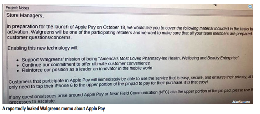 Walgreens memo on Apple Pay launch, Source MacRumors.com