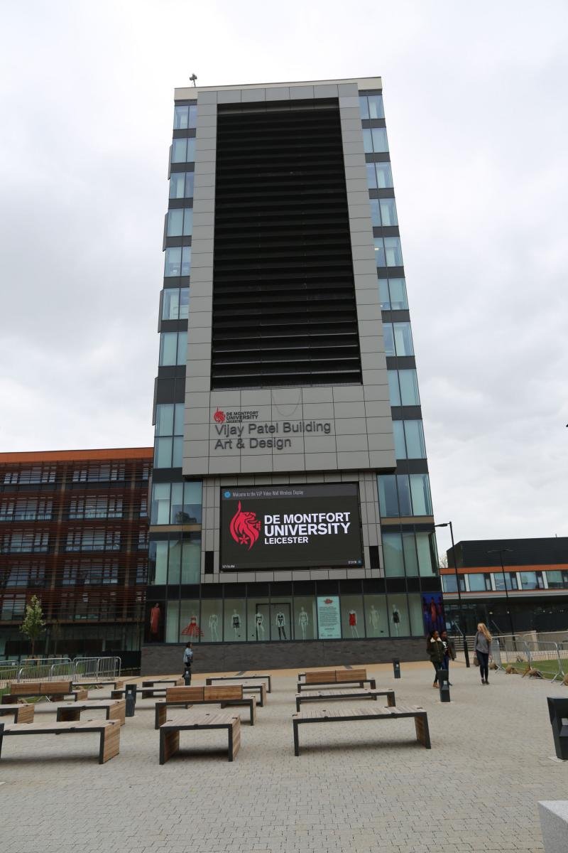 The 76sq m video wall on the new Vijay Patel building uses Solstice to share videos and info