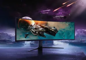the LG UltraGear (model 49GR85DC). The product is a 49-inch curved display with a 32:9 aspect ratio that aims to enhance the immersive gaming experience.